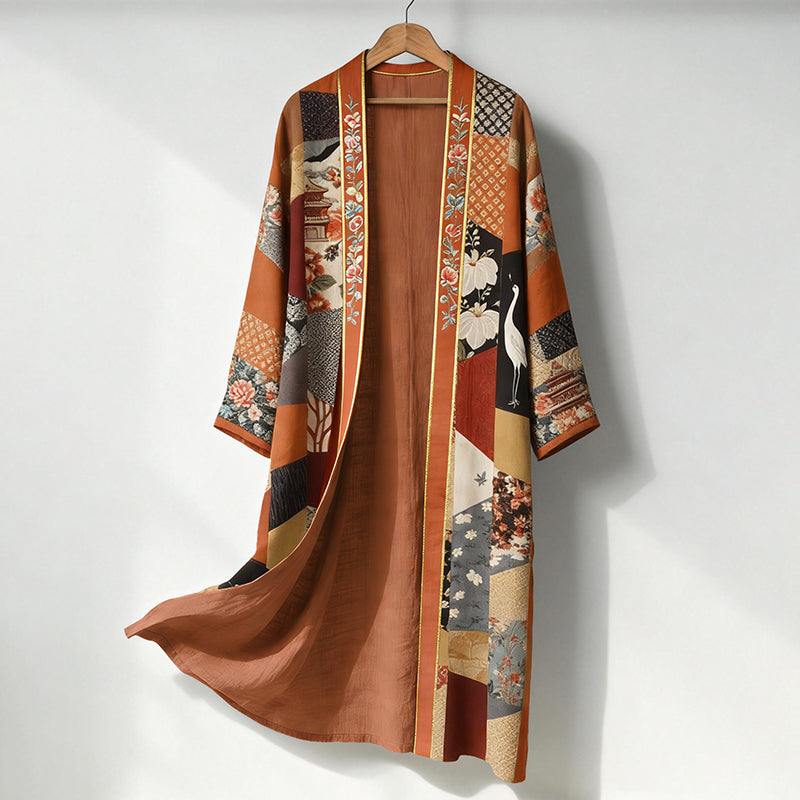 Men's Retro Japanese Patchwork Art Print Linen Long Kimono
