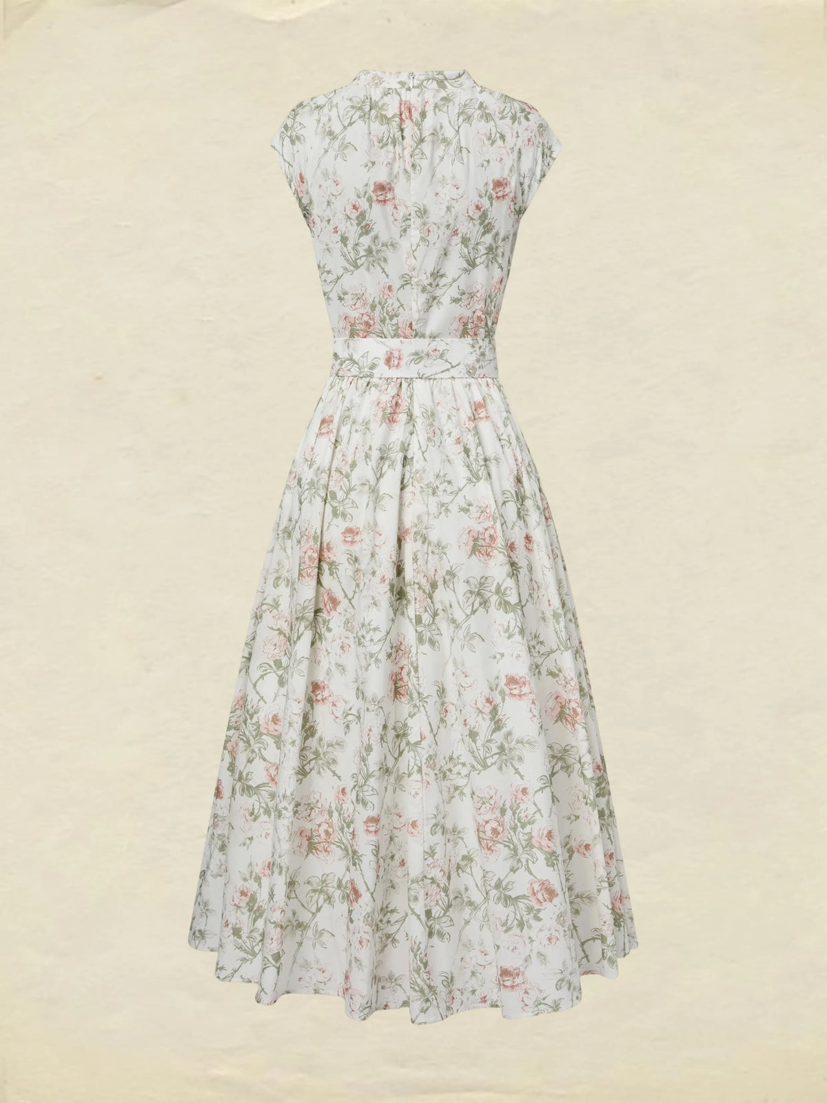 Midi Cotton Dress, Cap Sleeves, Round Neck, Floral, Belt Design, Vintage, Apricot