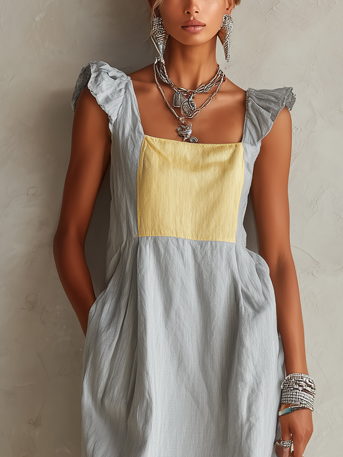 Light Gray And Yellow Colorblock Ruffle Shoulder Maxi Dress