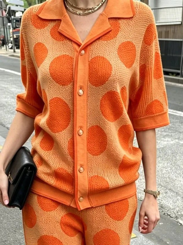 Casual Polka Dots Shawl Collar Loosen Knit Top