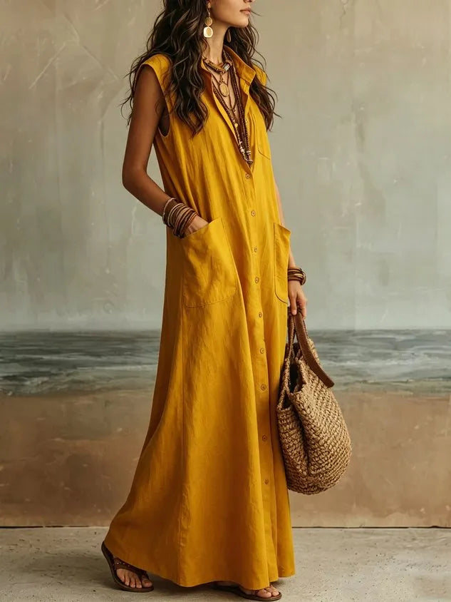 Cotton And Linen Casual Plain Split Joint Buttoned Pockets Maxi Dress