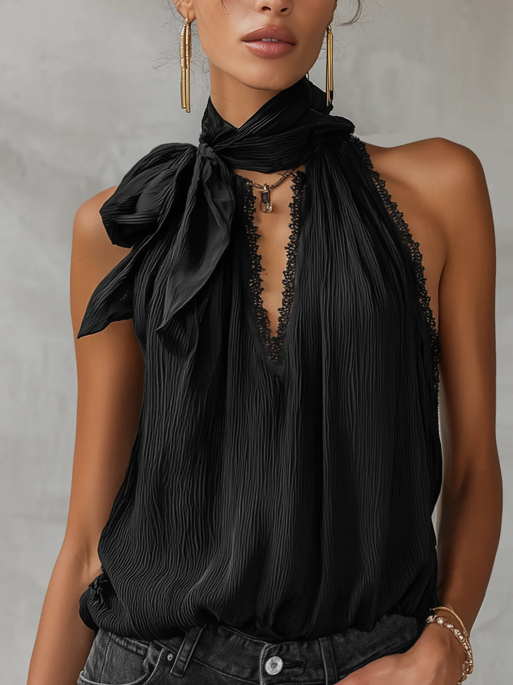 Black Textured Sleeveless Lace Trim Top With Bow Neck