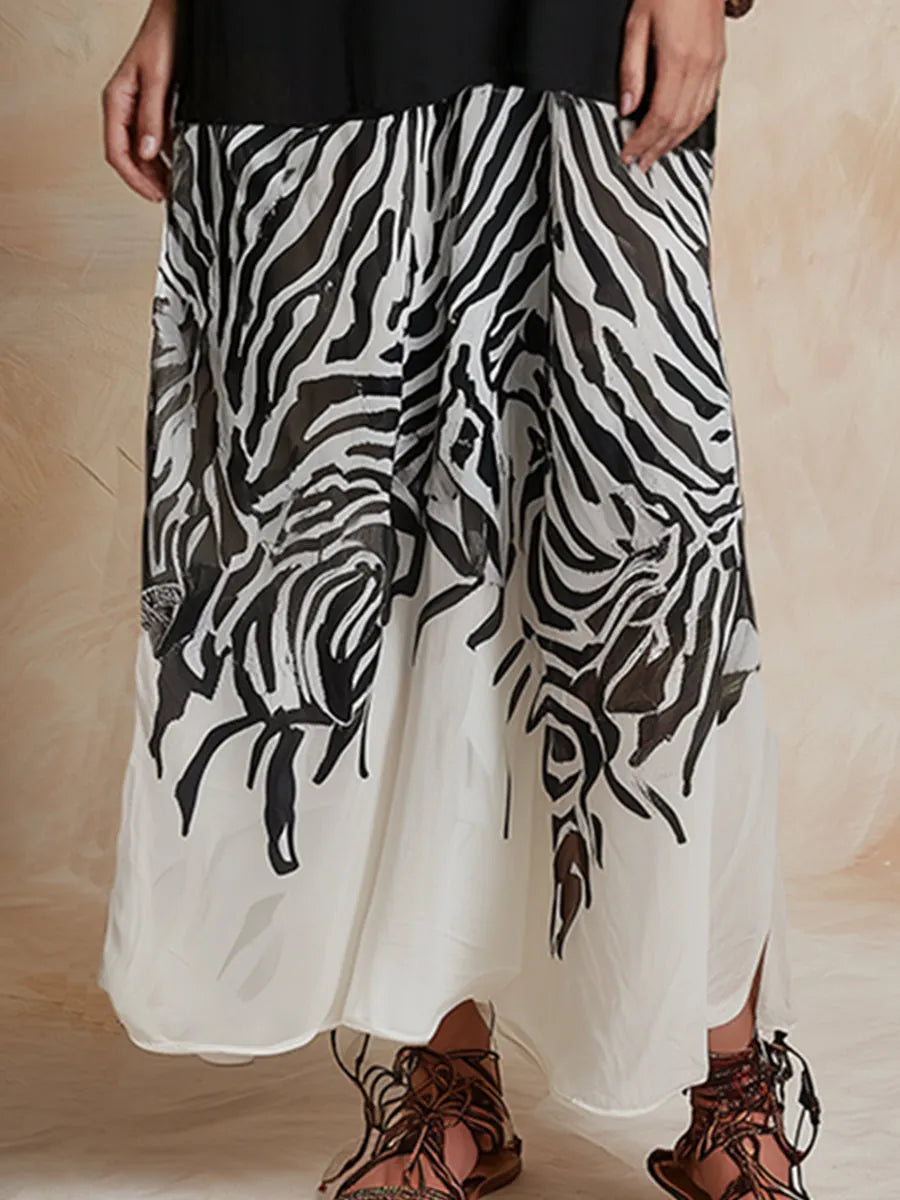 Elegant Retro Color-blocked Printed Black Chiffon Sleeveless Maxi Dress