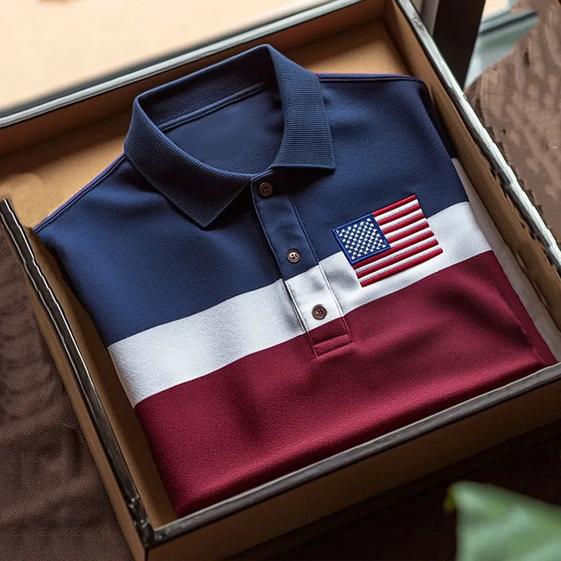 Men's Business Casual Striped Independence Day Button Short Sleeve Polo Shirt