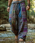 Men's Casual Ethnic Stitching Printed Linen Pants e1b8