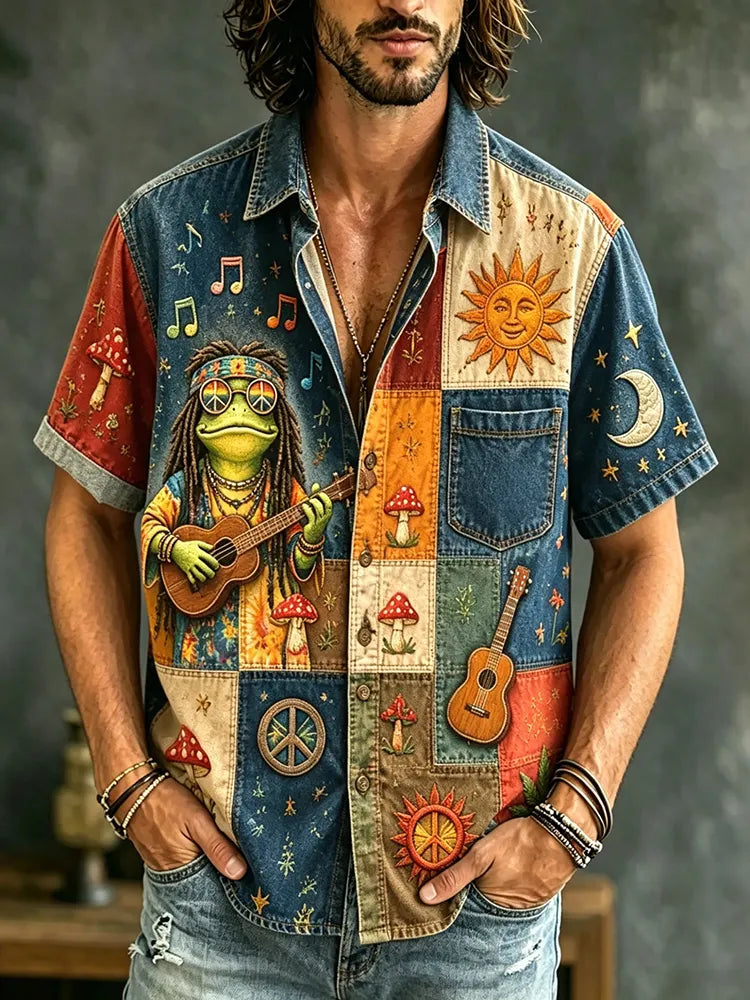 Men's Hippie Frog Patchwork Music And Peace Sign Cannabis Leaf Mushroom Sun Art Print Casual Shirt