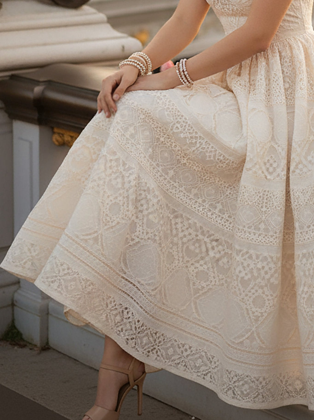 Elegant French Vintage Lace High-Waist Maxi Dress