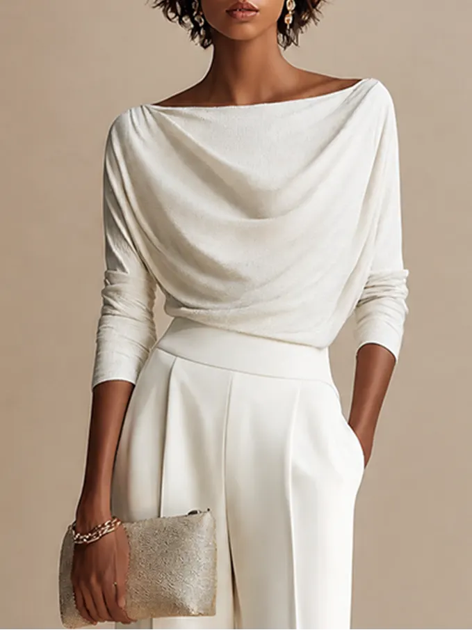 Women's Elegant Draped Boat-Neck Long-Sleeve Top & High-Waisted Wide-Leg Trouser Set