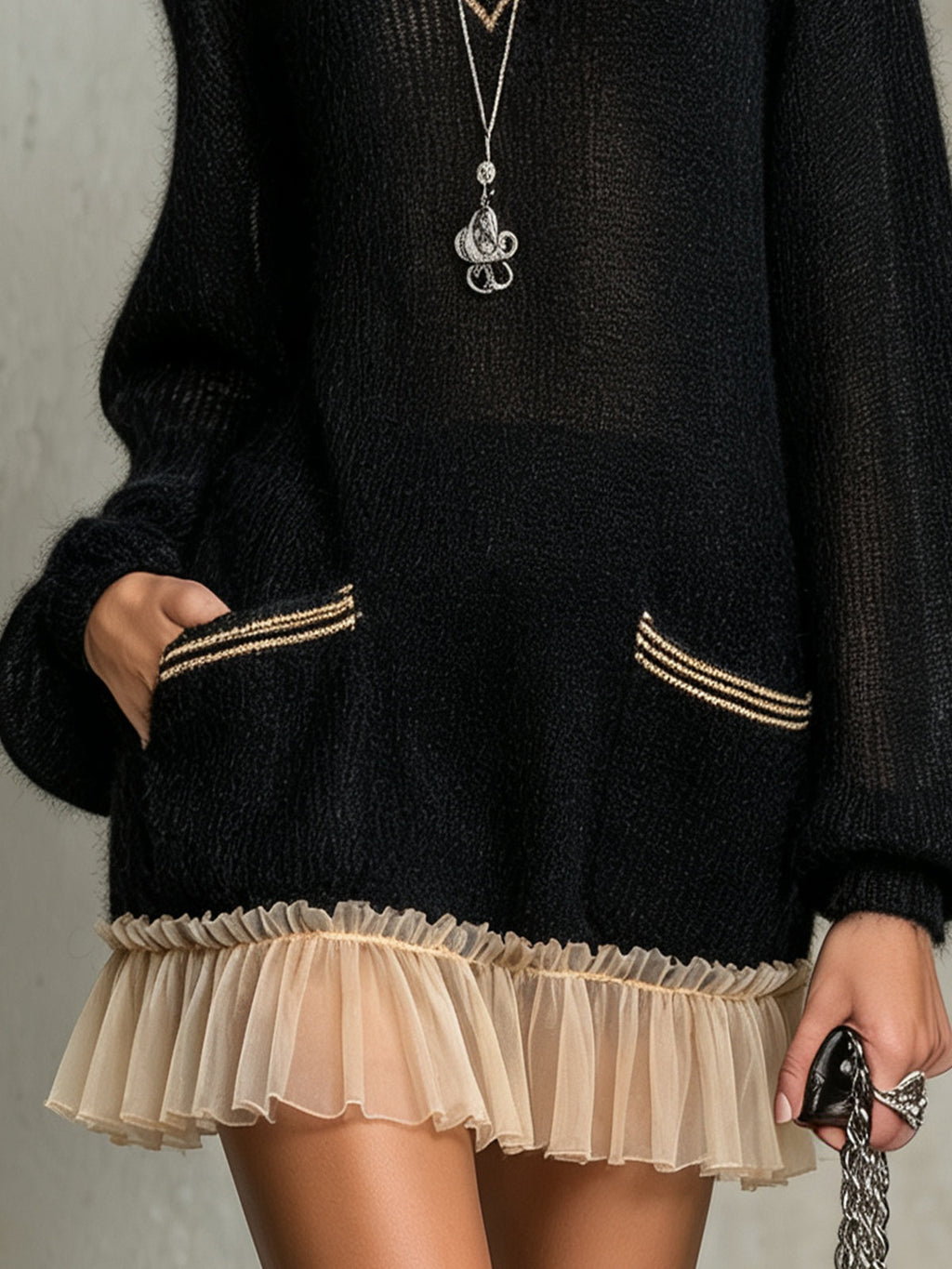 Black Oversized Knit Ruffle Hem Mini Dress