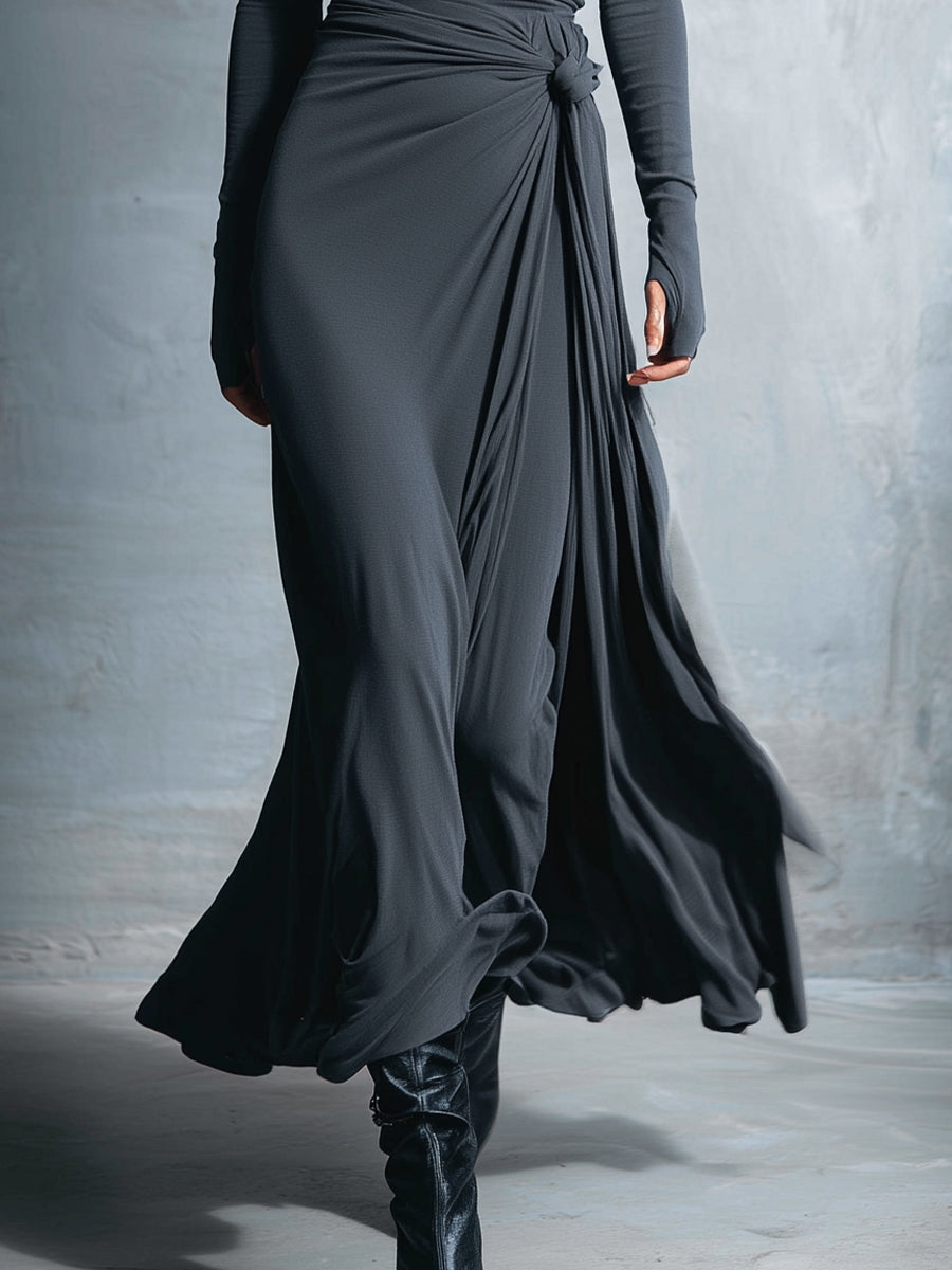 Women's Gray Exquisite Stretch Polyester-Cotton Blend Wrap Dress - Knotted Maxi Dress