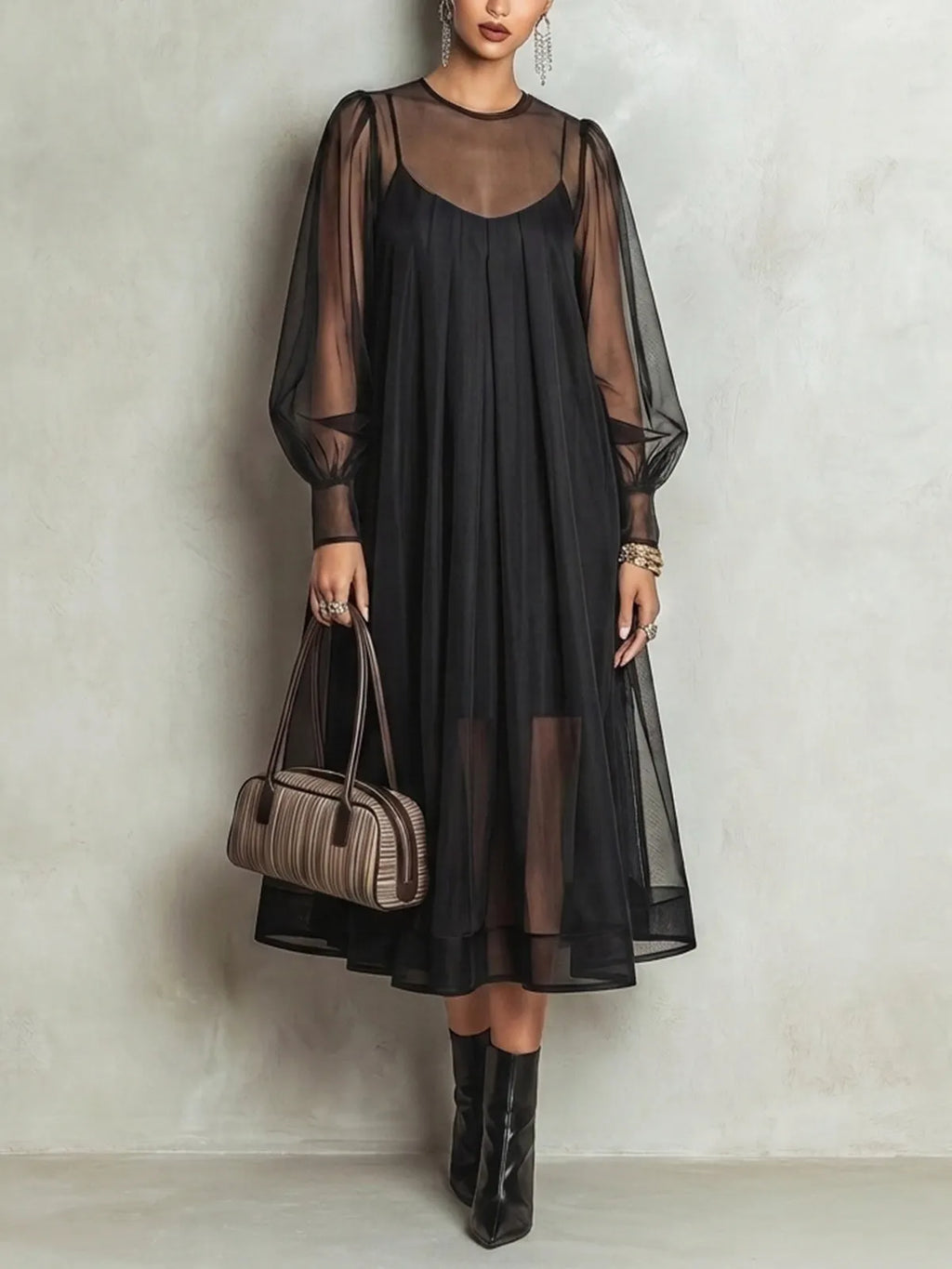 Black Sheer Mesh Overlay Midi Dress