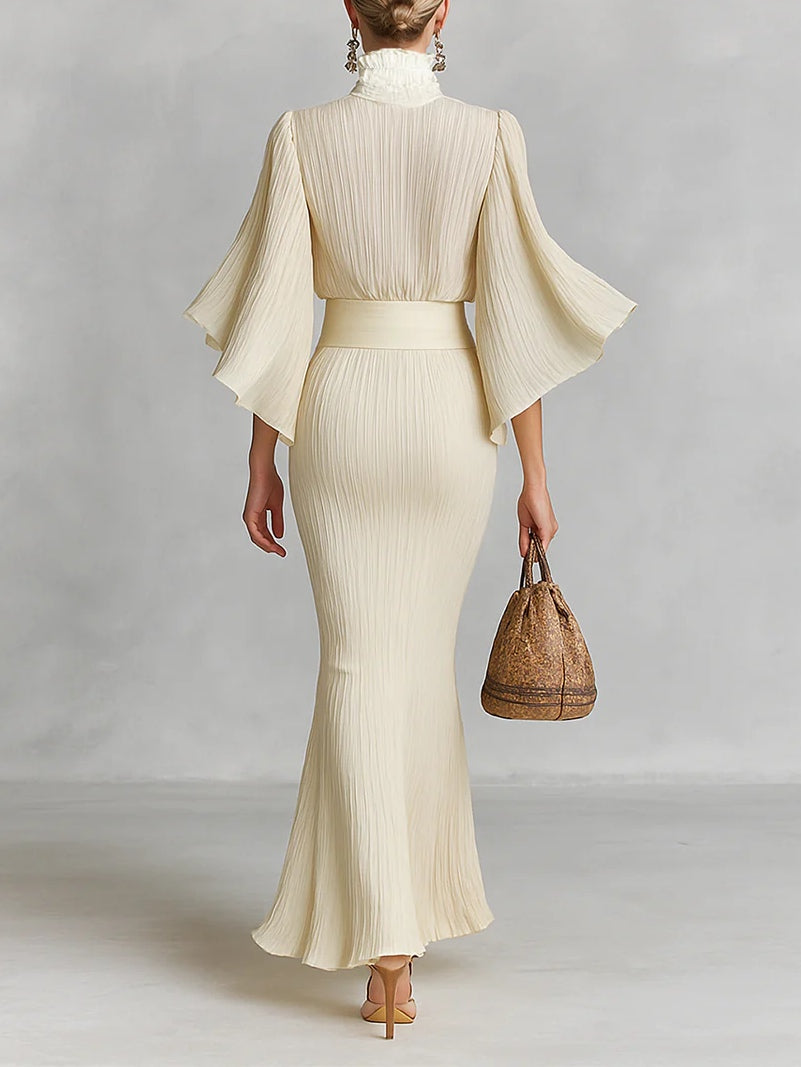 Pleated Stand Collar Trumpet Sleeve Shirt Slit Floor Length Skirt Two-piece Set