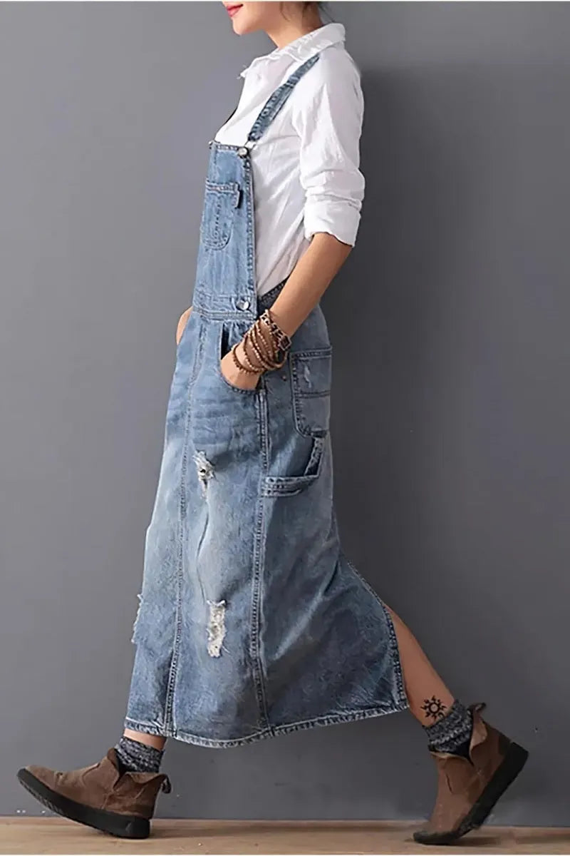 Women's Adjustable Strap Distressed Denim Overall Dress A-Line Pinafore Jean Dress with Split