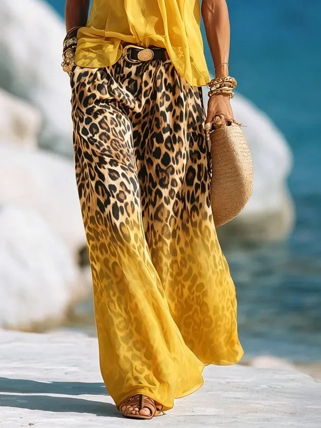 Casual Leopard Colorblock Wide Leg Pants No Belt