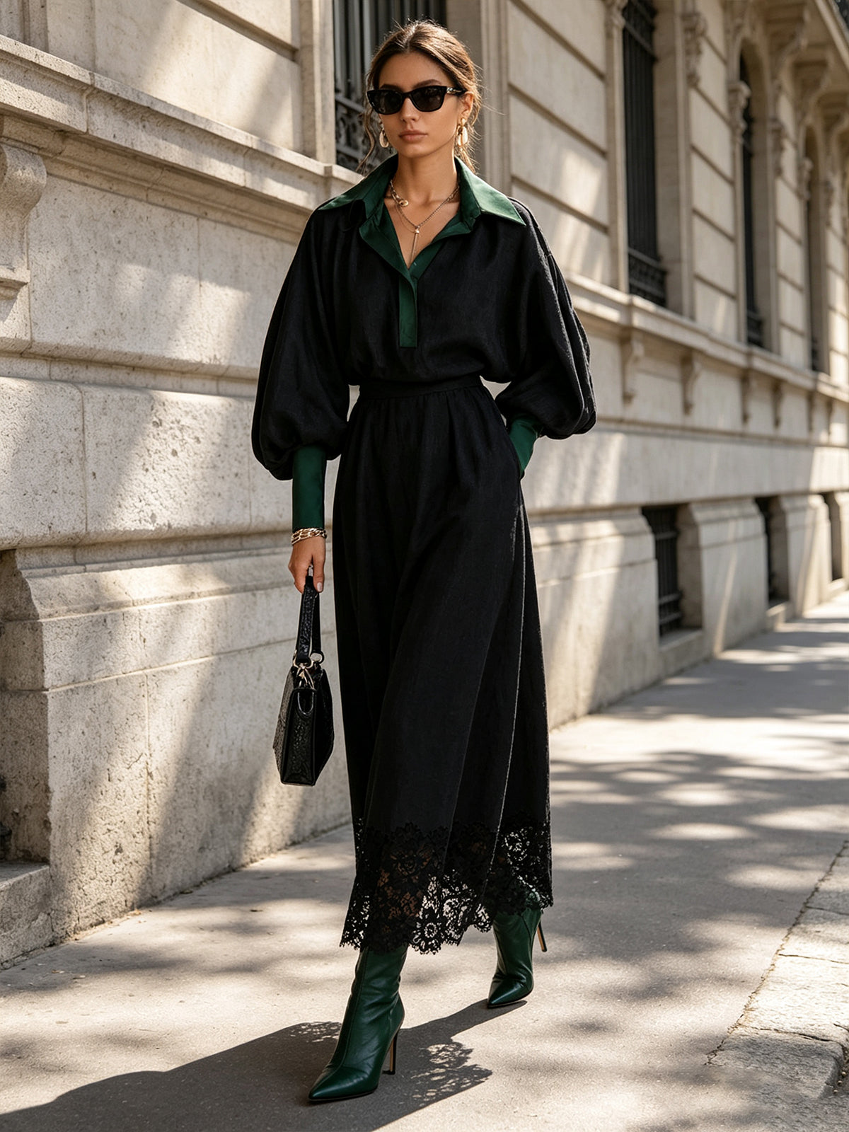 Contrast Collar Puff Sleeve Lace Hem Maxi Dress Set
