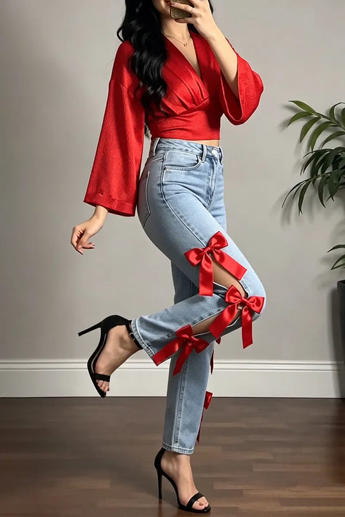 Women's Elegant V-Neck Top or Bow Decor Cutout Jeans