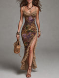 Vintage-print Lace-trimmed High-slit Slim-fit Maxi Dress