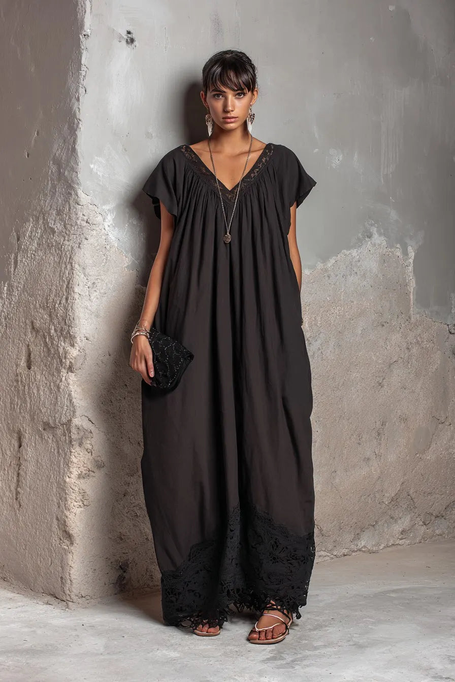 Women's Black V-Neck Lace Trim Short Sleeve Oversized Maxi Dress