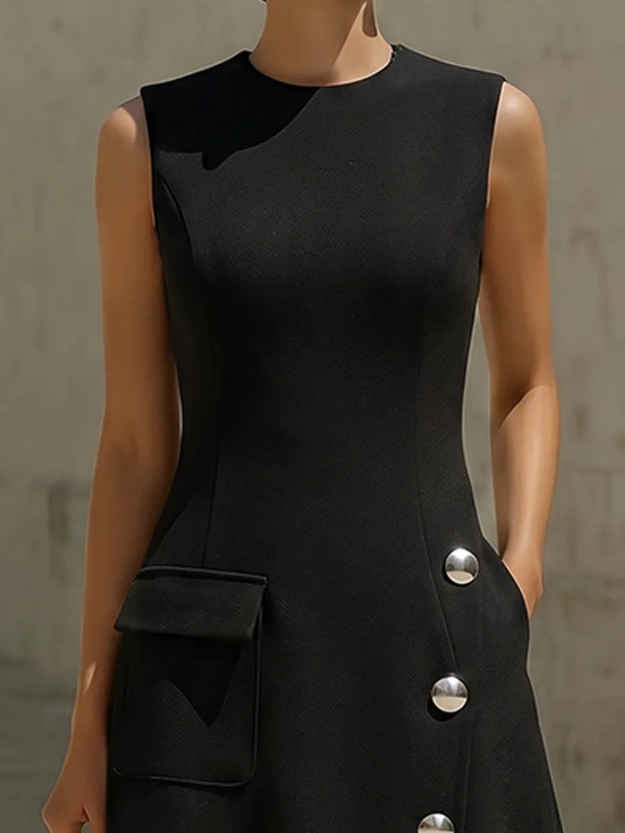 Sleeveless Tailored Midi Dress With Silver Buttons And Pocket