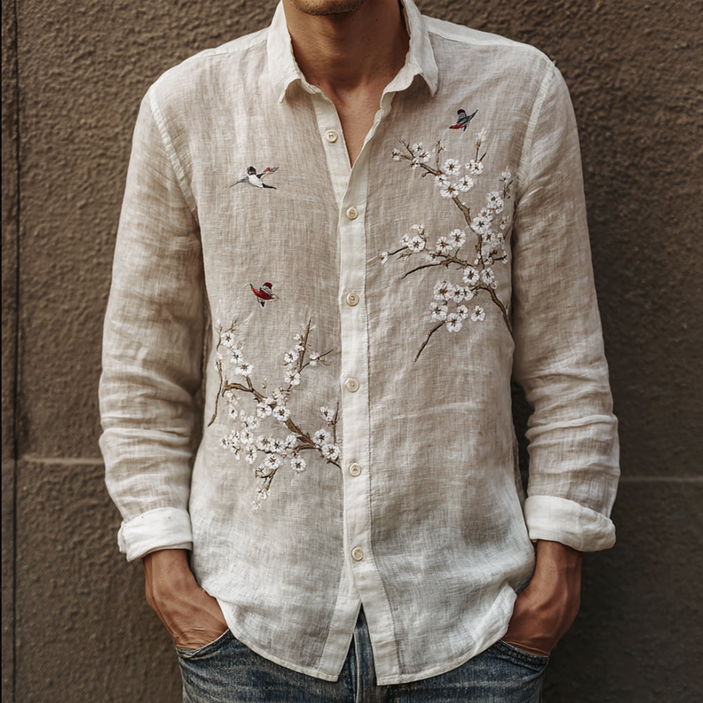 Men's Japanese Cherry Blossom And Little Bird Vintage White Button-down Shirt