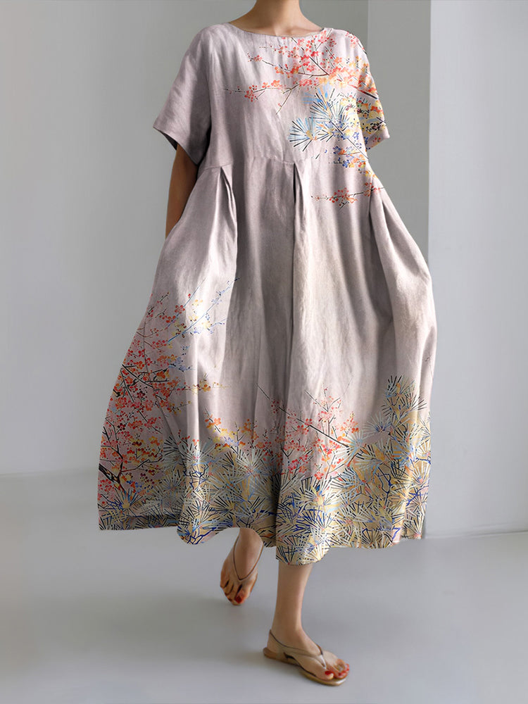 Women's Japanese Cherry Blossoms Art Short Sleeve Midi Dress