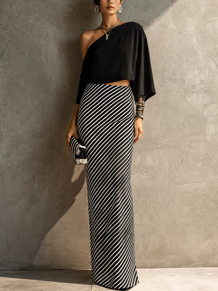 Women's Modern Elegant Black White Knit Cotton Blend One-Shoulder Striped Maxi Skirt Set MDZ2985G7GMJ
