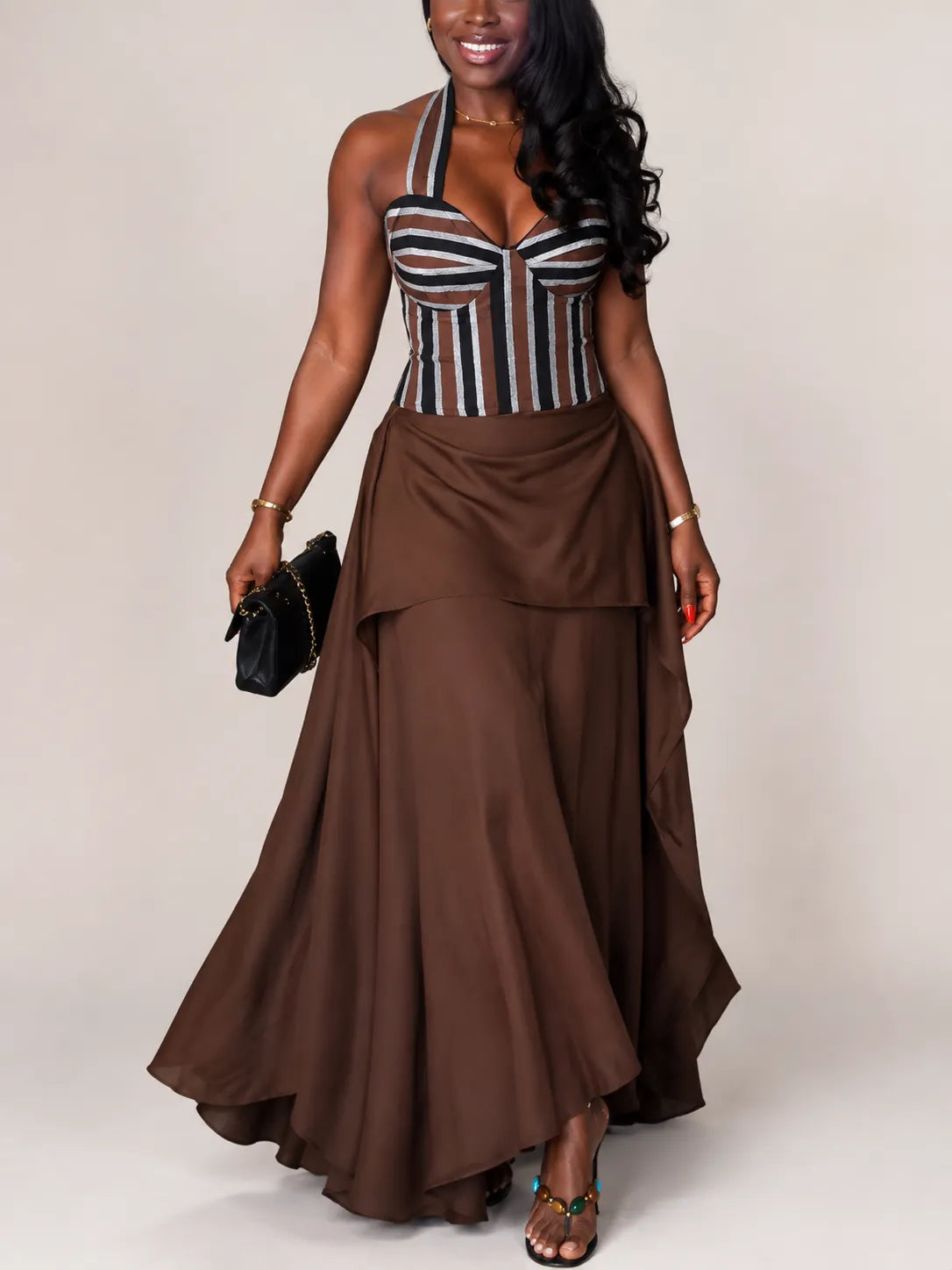 Elegant Striped Corset Halter Top & Layered Maxi Skirt Two-Piece Set