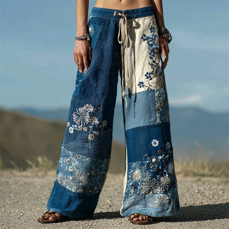 Vintage Japanese Floral Embroidered Patchwork Flowy Linen Pants