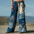 Vintage Japanese Floral Embroidered Patchwork Flowy Linen Pants
