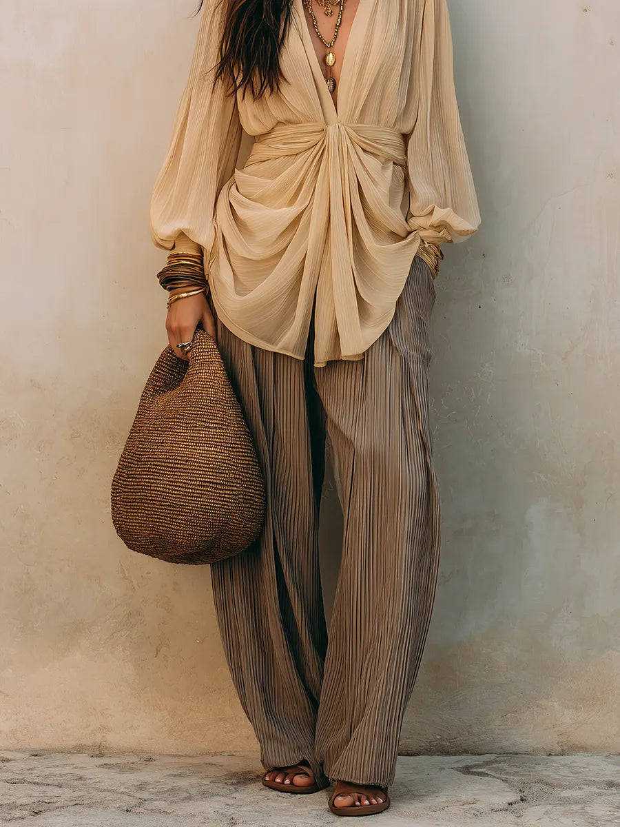Beige Draped Blouse & Pleated  ¨C Effortless Boho Luxe Wide-Leg Pants