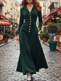 Maxi Cotton Dress, Long Sleeves, Shawl Collar, Plain, Button Design, Vintage, Green