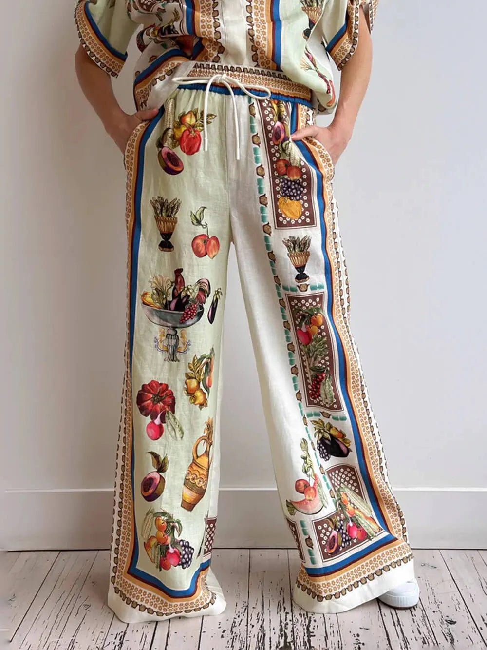 Unique Tropical Luxe Satin Fruit Print Loose Button-Up Shirt