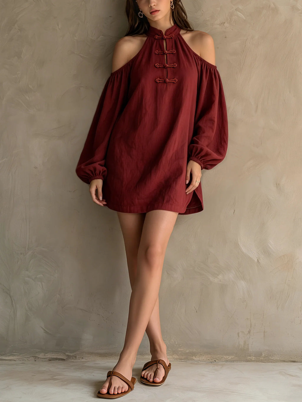 Women's Casual Dark Red Cotton-linen Off-shoulder Long-sleeve Mini Dress MDZ2597F7LXY