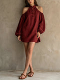 Women's Casual Dark Red Cotton-linen Off-shoulder Long-sleeve Mini Dress MDZ2597F7LXY