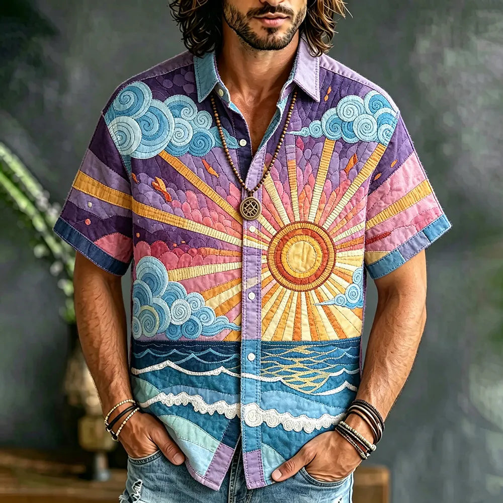 Men's Boho Sunrise Patchwork Print Shirt - Artistic Sun & Wave Casual Button Up