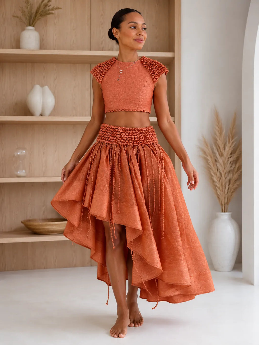 Terracotta Sculpted Shoulder Crop Top & High-Low Skirt Set