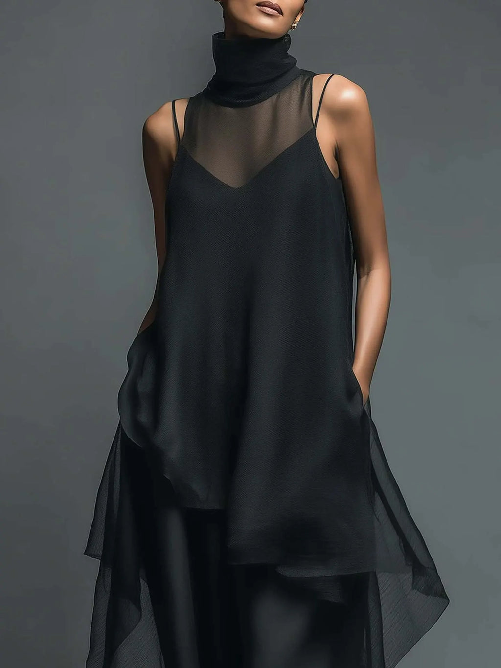 Dadihouse Avant-Garde 2-Piece Set - Sheer Mesh Layered Chiffon Maxi Dress in Midnight Black