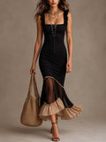 Vintage Ruffle Strap Mesh Ruffle Hem Midi Dress