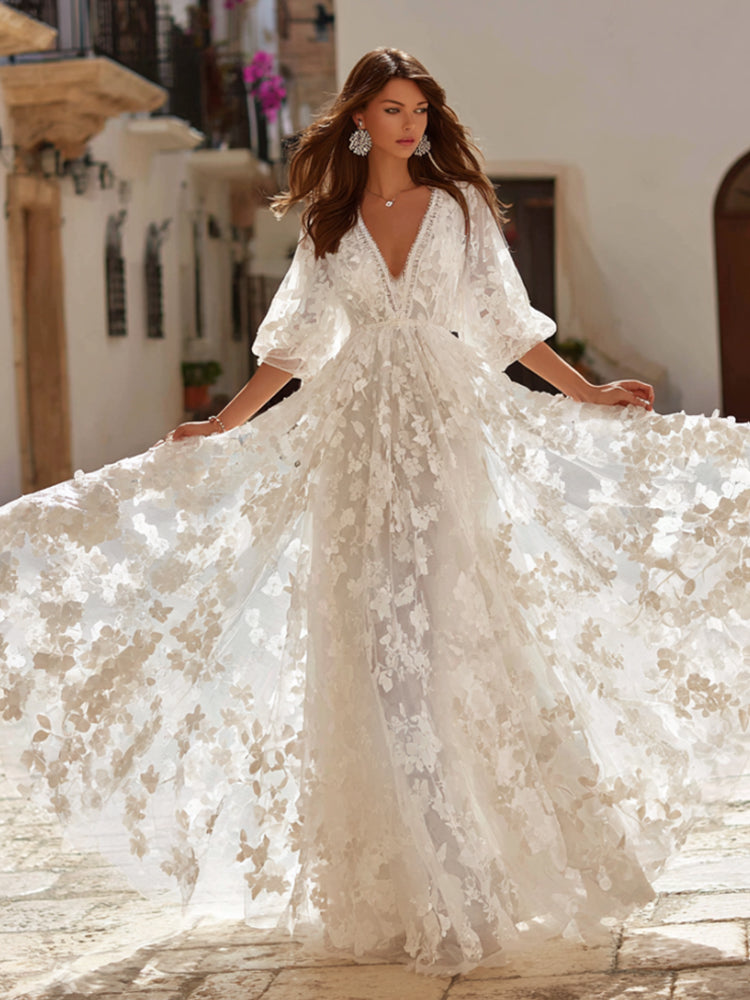Women's Bohemian Romantic White Floral Lace V-neck Long Sleeve Waist-tucked Dress
