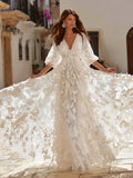 Women's Bohemian Romantic White Floral Lace V-neck Long Sleeve Waist-tucked Dress