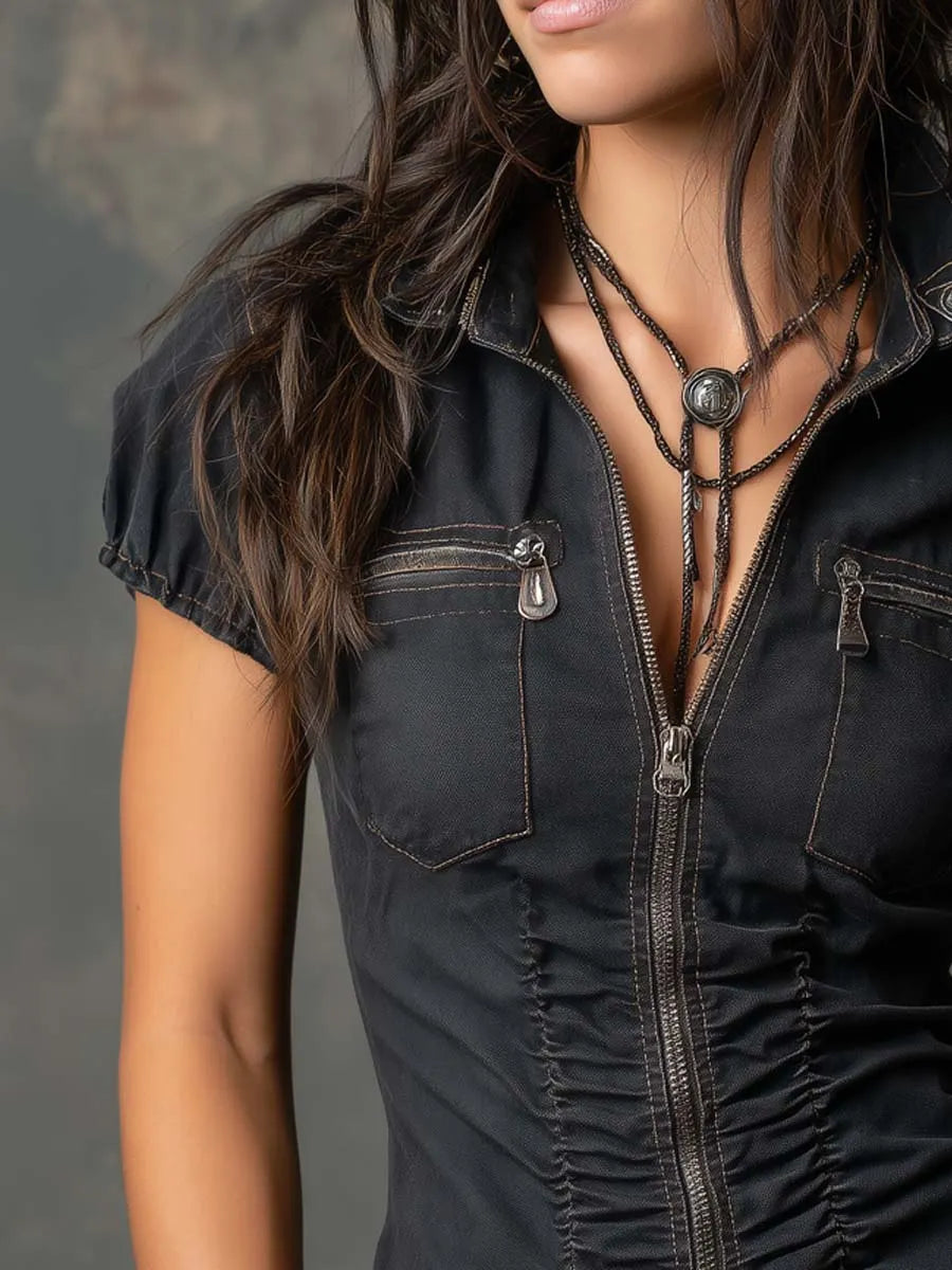 Retro Zippered Ruched Front Denim Blouse