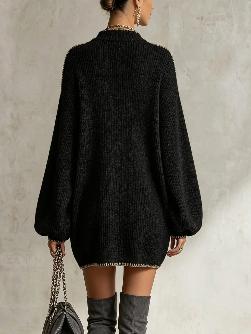 Cold-Shoulder Black Trim Knit Mini Dress