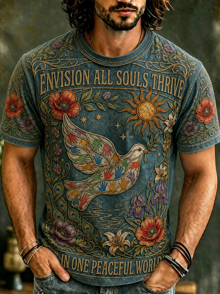 Men's Vintage Hippie Floral Dove Print Crew Neck Short Sleeve T-shirt
