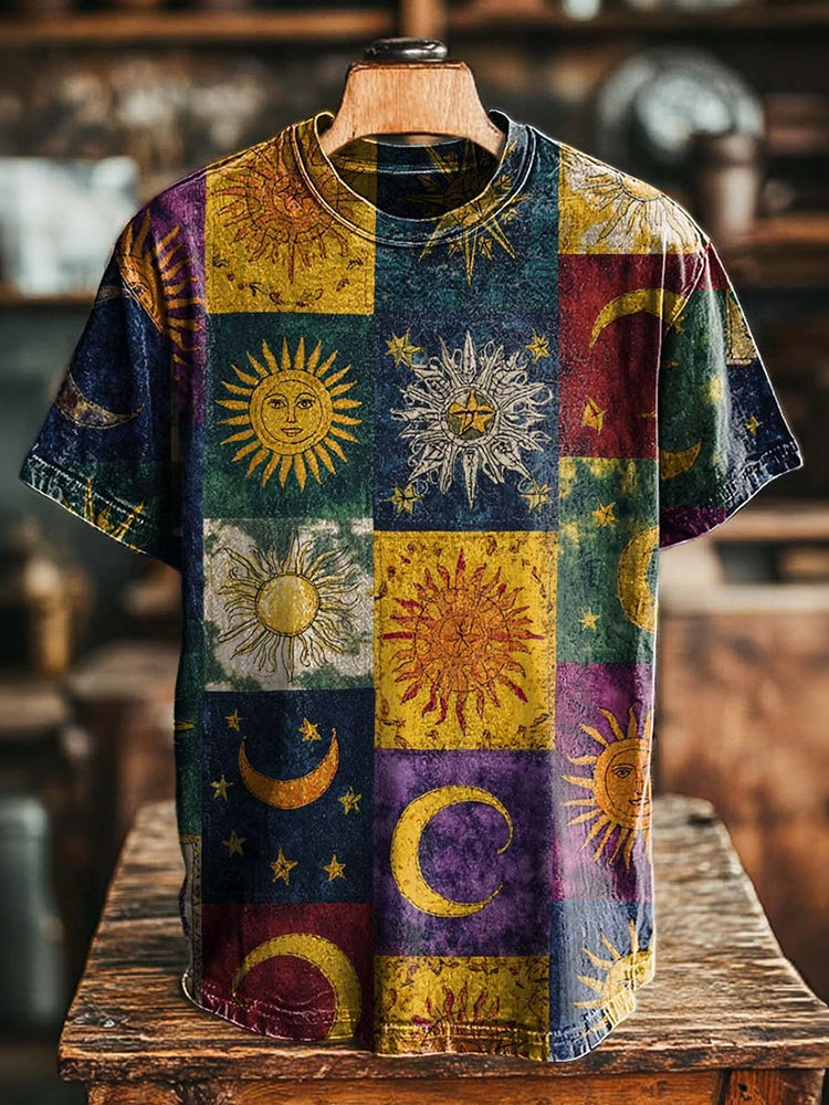 Men's Hippie Sun And Moon Color-block Casual Retro T-shirt
