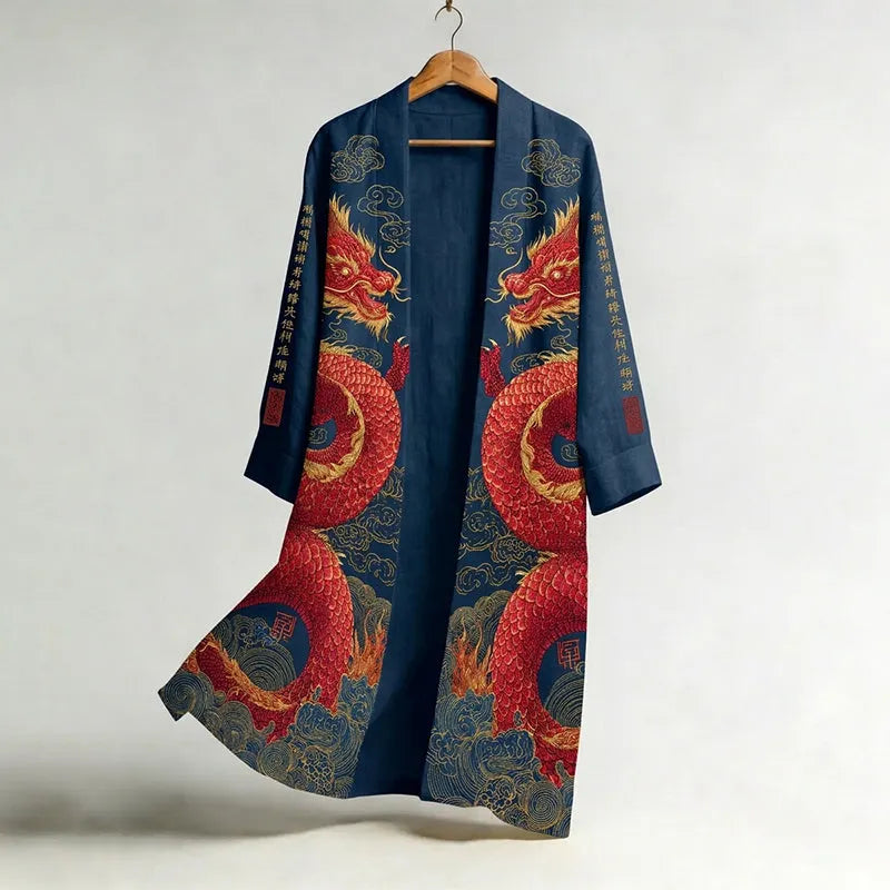 Men's Japanese Dragon Art Print Linen Long Kimono