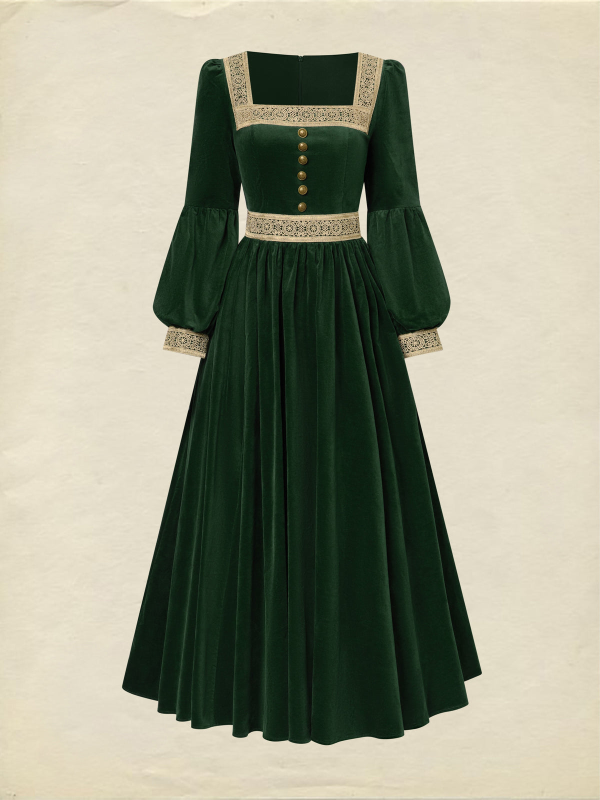Maxi Cotton Dress, Long Sleeves, Square Neck, Plain, Lace, Vintage, Green
