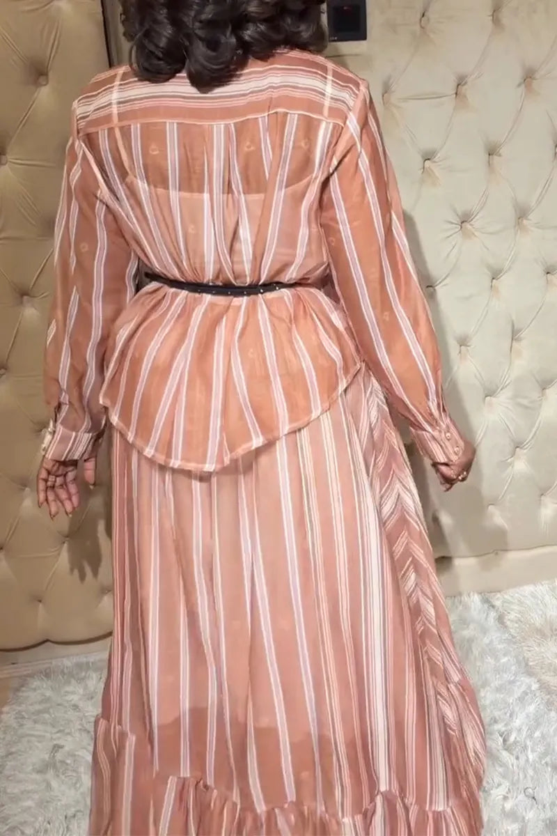 Women Round Neck Vertical Striped Shirt+ Patchwork Skirt Casual Set