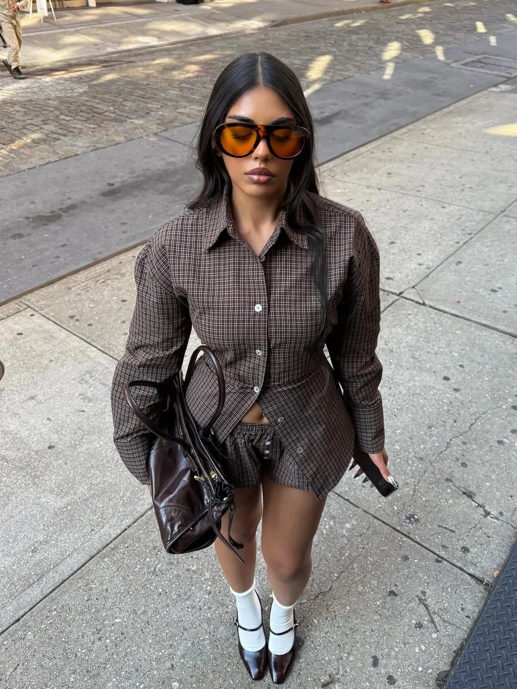 Vintage Plaid Button-Front Shirt & Shorts Set
