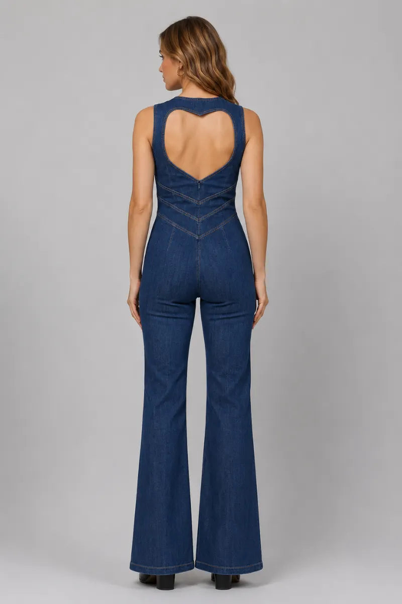 Women's Sleeveless Denim Jumpsuit with Heart Cut-Out Back – Casual Fashion Outfit