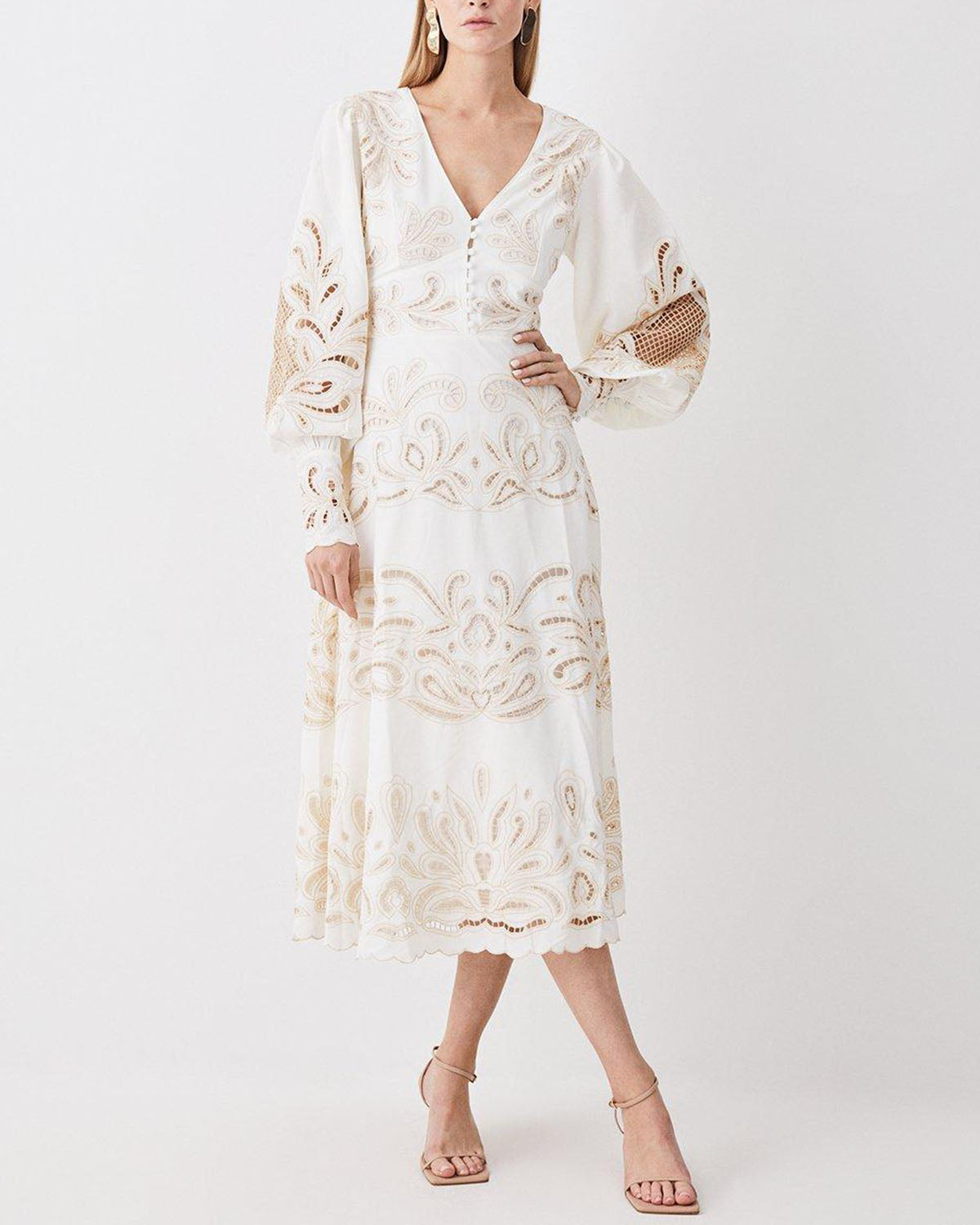 Mirrored Cutwork Tie Front Woven Midi Dress